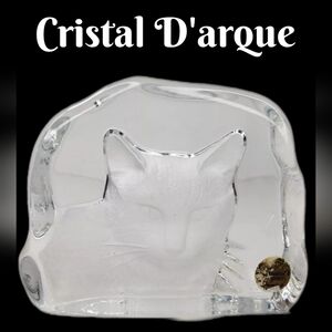 Cristal D'arque Etched Cat Into Block of Clear Crystal Paperweight or Decor